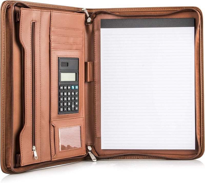COSSINI Premium Business Portfolio with Zipper – Padfolio - Superior Business Impressions Begin with PU Vegan Leather, 10.1 Inch Tablet Sleeve, Smart Storage, Solar Calculator, Writing Pad - Tan - Image 1